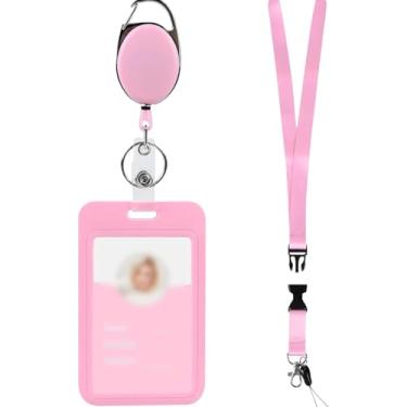 Imagem de Porta-crachá de identificação rosa protetor vertical de crachá de plástico para trabalho com foto fofa porta-cartões de identificação retrátil com cordão para escritório, escola