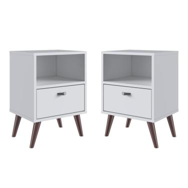 Imagem de Kit 02 Mesa De Cabeceira Nicho 39cm Com Gaveta E Pés Palito Retrô Branca