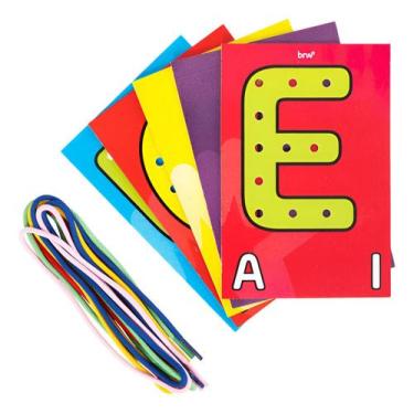 Imagem de Alinhavos Vogais Brinquedo Educativo Madeira Infantil 10 Pç - BRW