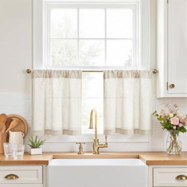 Imagem de jinchan Cortinas de cozinha cortinas de linho 50 cm estilo fazenda café rústico com bolso para varão, filtragem de luz para lavanderia, pia de banheiro, trailer, janela pequena, 2 painéis, bege