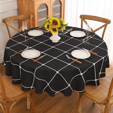 Imagem de Gernaice Toalha de mesa xadrez grande redonda de 224 cm, tecido bordado de fazenda, toalha de mesa quadriculada, à prova de poeira, sem rugas, lavável para festas, cozinha, jantar, piquenique, preta