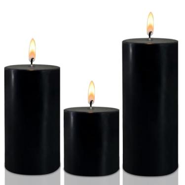 Imagem de Velas de pilar pretas - conjunto de 3 velas de pilar sem cheiro - sem gotejamento, sem fumaça para todas as ocasiões (7,6 cm L x 7,6 cm, 10 cm e 15 cm A)