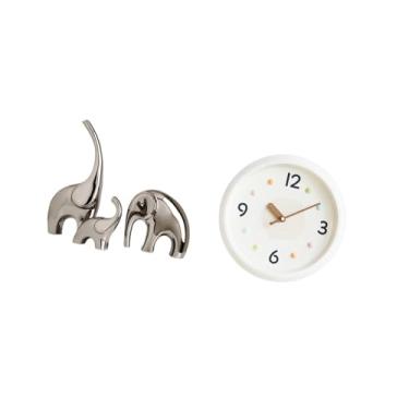 Imagem de Fenteer Estatuetas de Família de Elefantes de Cerâmica Moderna E Relógio de Parede com Grandes Números, Escultura, Ornamento para Decoração de Prateleira de S