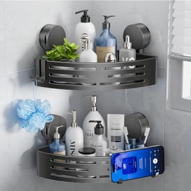 Imagem de ONXE Suporte de chuveiro com ventosa, prateleiras de chuveiro de canto sem perfuração, resistente, organizador de chuveiro com ganchos, à prova de ferrugem, espaço à prova de ferrugem, armazenamento