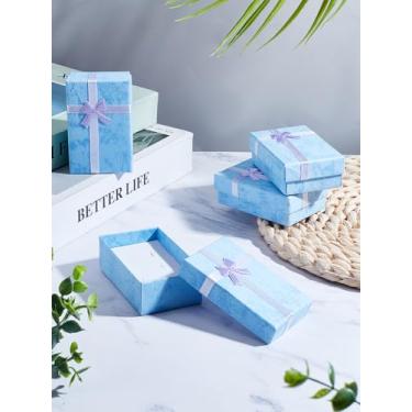 Imagem de 4 caixas de presente de papelão, caixa de armazenamento retangular com laço azul celeste claro caixa organizadora com almofada de esponja interna para aniversários, casamentos, aniversário, 8,25 x 5,3