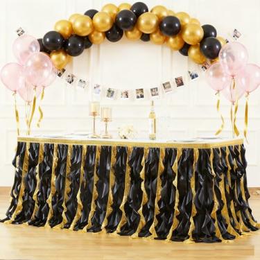 Imagem de Wish Care Saia de mesa tutu de lantejoulas douradas pretas de 4,3 m para mesas retangulares com glitter cacheado salgueiro saia de mesa com babados para decoração de festa temática de formatura de 50