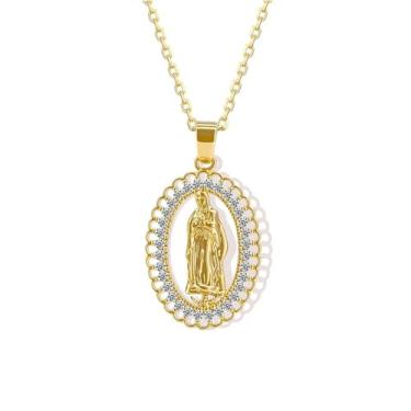 Imagem de coadipress Colar de Virgem Maria banhado a ouro 18K para mulheres, presente católico Virgem de Guadalupe Mother Mary Colares Nossa Senhora de Guadalupe Pingente Amuleto Joias, Middle, Liga de aço, Sem