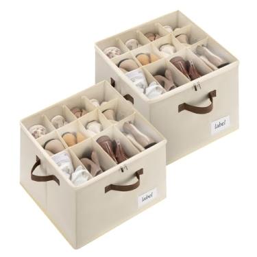 Imagem de Cupic Cupid Pacote com 2 organizadores de sapatos para armário, cabe até 12 pares, recipientes de armazenamento de cubos de sapatos com capa transparente, bege
