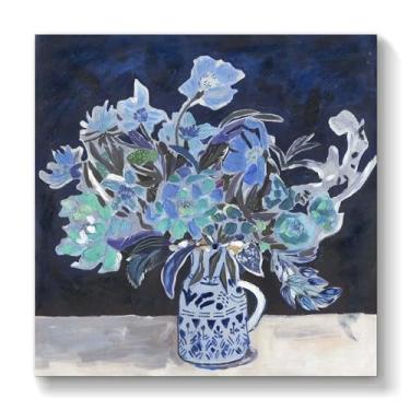 Imagem de TAR TAR STUDIO Arte de parede em tela de flor azul abstrata grande - Impressão sem moldura, 76 x 76 cm, decoração botânica para sala de estar, sala de jantar, escritório, quarto, banheiro, pintura