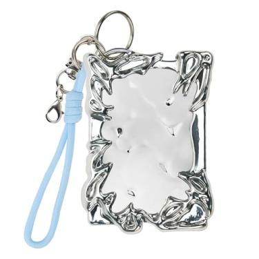Imagem de Suporte de cartão fotográfico galvanizado prata com chaveiro e cordão de dopamina tecido à mão - embalagem única para cartão Kpop para crachá de identificação e cartão de estudante