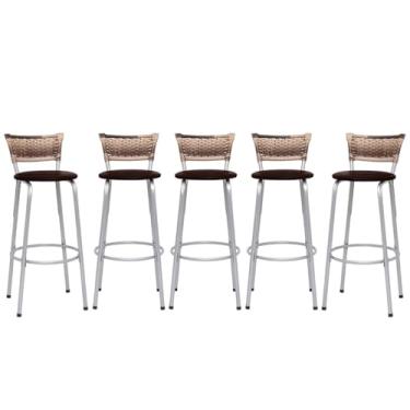 Imagem de Banqueta Altas Junco Cappuccino Estrutura Prata 70cm Para Balcão Cozinha, Bar, Bistrô, Americano Kit 05 Unidades - Itagold (Marrom Claro)