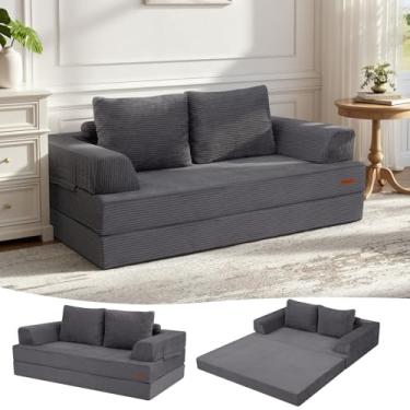Imagem de COMAX Sofá-cama Queen conversível, sofá dobrável de veludo cotelê dobrável sofá-cama colchão com travesseiros, sofá desossado confortável para sala de estar, quarto, cinza