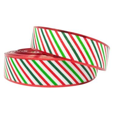 Imagem de Fita de Natal listrada de 3,8 cm com borda metálica com fio - 33,33 metros - branca, vermelha, limão, verde - para laços, grinaldas, artesanato e decorações - Rolo grande