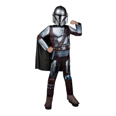 Imagem de Fantasia juvenil oficial de Halloween Star Wars Mandalorian - Macacão acolchoado de qualidade premium com máscara de plástico e capa removível (médio) multi