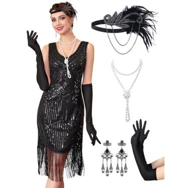 Imagem de RRYIO Vestidos melindrosa anos 20 para mulheres, mangas transparentes com contas, vestidos Gatsby, vestidos loucos anos 20, fantasias com acessórios (preto, G)