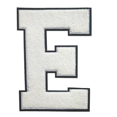 Imagem de 1 PÇ Patch de letra de chenille de ferro branco de 16,5 cm com borda preta – Remendos do alfabeto para roupas, jaquetas, mochilas, chapéus para decoração personalizada, nome personalizado e artesanato