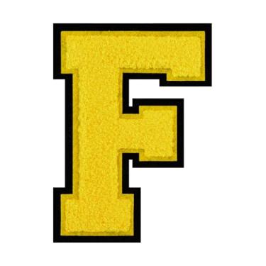 Imagem de 1 PÇ Patch de letra de chenille amarelo de 11,4 cm com borda preta – Remendos do alfabeto para roupas, jaquetas, mochilas, chapéus para decoração personalizada, nome personalizado e artesanato. (F)