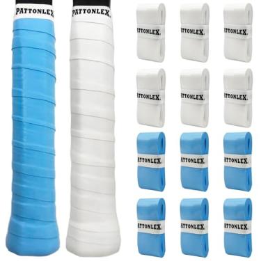 Imagem de PATTONLEX Punhos de raquete de tênis – Pacote com 12 fitas multicoloridas para tênis, badminton, squash, raquete esportiva – Absorve suor, antiderrapante, aderência durável (branco + azul)