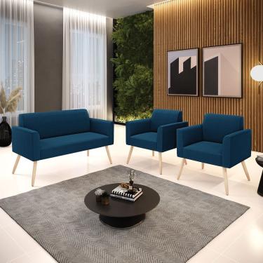 Imagem de Namoradeira E 2 Poltronas Pé Palito Natural Marisa Bouclê Cor Azul