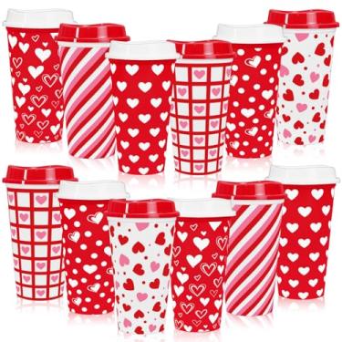 Imagem de Whaline Pacote com 12 xícaras de café reutilizáveis para o Dia dos Namorados de 473 ml, com tampas, copo de plástico, coração vermelho, caneca de viagem para casamento, aniversário, festa, bebidas