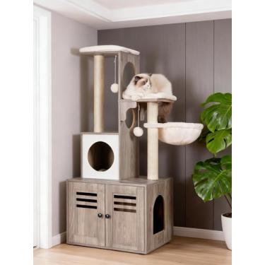 Imagem de Heybly Caixa de areia de madeira árvore para gatos, móveis internos para gatos de 2 em um com grande plataforma e condomínio, torre de gato de estilo moderno, rede, marrom rústico HCT103SG