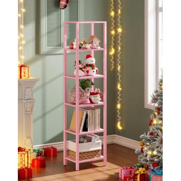 Imagem de TUTOTAK Estante de livros, prateleira alta de 6 camadas, estante estreita para pequenos espaços, estante empilhável DIY, para sala de estar, escritório, escritório, entrada, industrial, rosa BS01BP006
