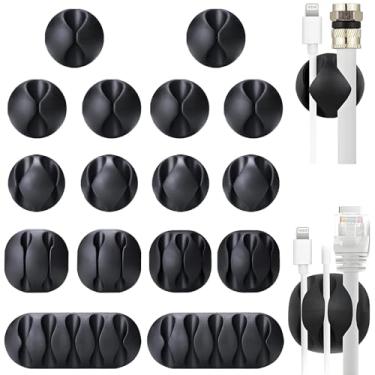 Imagem de Pacote com 16 clipes adesivos para organizador de cabos pretos - prendedores de cabos de suporte forte para mesa, parede, carro, carregador de iPhone, cabos USB e de computador