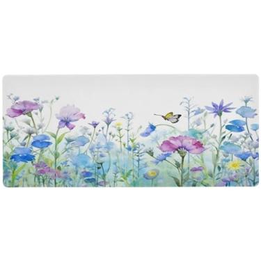 Imagem de Wassud Campo de flores em aquarela (2) mouse pad para jogos com base de borracha antiderrapante, mouse pad longo com borda costurada, à prova d'água, grande almofada de mesa para escritório, casa, 80