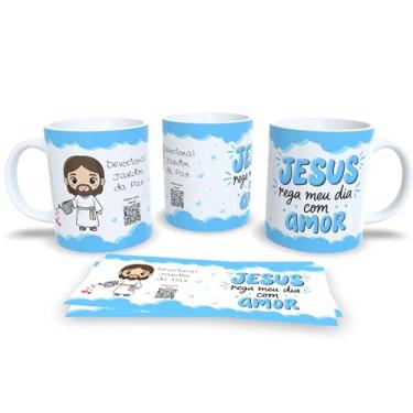 Imagem de Caneca Devocional Jardim da Paz, Branca com Listras Rosa e Verde, Flores, Tema Religioso (23002)