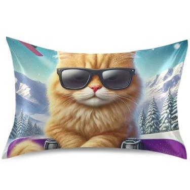 Imagem de Capas de travesseiro de cetim de gato fofo engraçado capas de travesseiro de resfriamento padrão King Queen impressão de almofadas decorativas, tamanho padrão, 66 cm x 50 cm