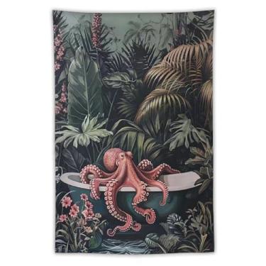 Imagem de Tapeçaria engraçada de polvo na banheira, decoração de parede botânica tropical, criatura marinha, criatura marinha, decoração de arte para chuveiro, casa de praia, spa náutico, decoração de parede de