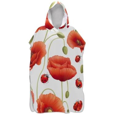 Imagem de Joisal Poncho de surfe trocador de roupão adulto praia banho com capuz toalhas absorventes retrô papoula flor vermelha masculino poncho com capuz