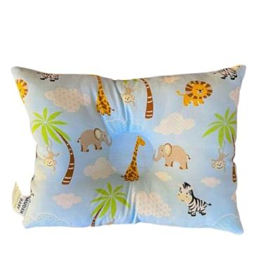 Imagem de Travesseiro Anatômico para Bebê Safari Azul com Estampa de Animais 27x37cm Fibra Siliconada Hipoalergênica para Berço e Carrinho