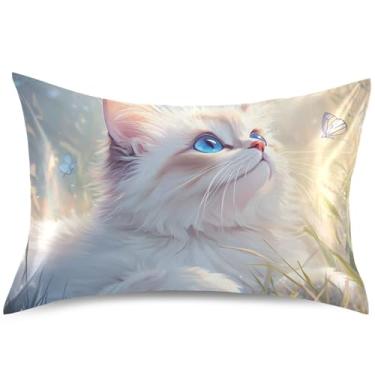 Imagem de Ragdoll Capa de almofada fofa de cetim com borboletas de gato, capa de travesseiro padrão King Queen, linda capa de travesseiro refrescante para cama, tamanho Queen, 76 cm x 50 cm