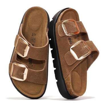 Imagem de Project Cloud Sandálias femininas de couro genuíno com plataforma - Sandálias femininas grossas com palmilha de espuma viscoelástica e palmilha de cortiça (GREECECHUNKY), Camurça Choco, 41