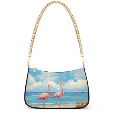 Imagem de Bolsa feminina pequena para celular flamingos rosa aquarela praia pequena bolsa de mão fofa bolsa de ombro, Praia em aquarela flamingos rosa