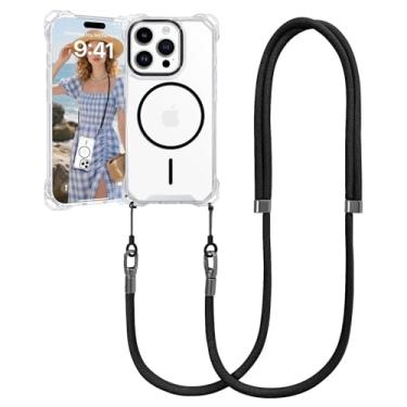 Imagem de VooDirop Capa para iPhone 16 Pro com cordão transversal, compatível com MagSafe, capa magnética transparente com alça ajustável, proteção contra quedas à prova de choque, para iPhone 16 Pro de 6,3