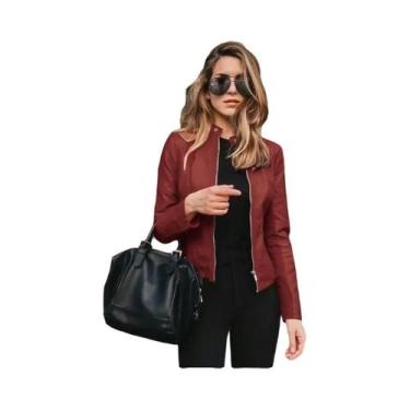 Imagem de Jaqueta Curta Feminina De Couro PU Com Zíper Para Outono/Inverno  Moda