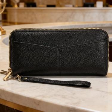 Imagem de Carteira feminina, bolsa de couro minimalista longa com zíper duplo para textura de liquei, elegante organizador de grande capacidade com bloqueio RFID e vários compartimentos para cartões (preto)