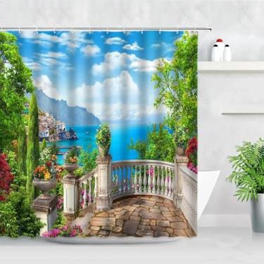 Imagem de Cortina de chuveiro com paisagem de pintura a óleo rural flores plantas verdes jardim mediterrâneo cenário de parede impermeável cortinas de banho 90 x 123 cm/LxA cortina de chuveiro de tecido