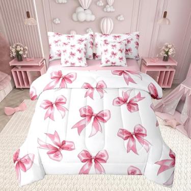Imagem de Conjunto de edredom King com laço rosa, coração e laço feminino, estilo princesa sonhadora, edredom infantil, branco e rosa, 7 peças com lençol de cima, lençol de cima e fronhas