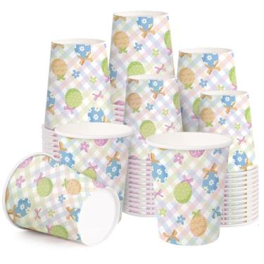Imagem de WRAPAHOLIC Copos de papel de Páscoa de 255 g - pacote com 50 copos descartáveis de ovos coloridos, xícara de café, copos de bebida quente/fria para suco de água, perfeito para chá de bebê e