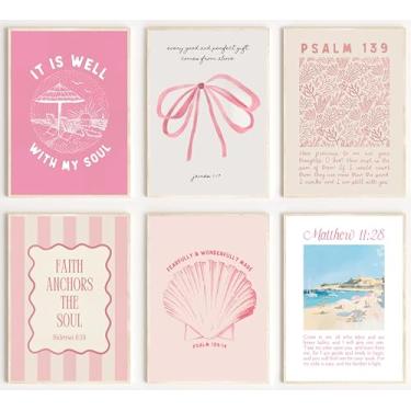 Imagem de Wavkkey 6 peças arte de parede costeira cristã rosa versículo bíblico pôsteres pinturas quadros decoração de parede impressões em tela arte para dormitório menina quarto mulher decoração de parede sem