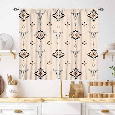 Imagem de Cortinas de caveira de vaca ocidental, bege sudoeste boêmio padrão geométrico nativo asteca longhorn cabeça caubói fazenda tratamentos de janela para quarto sala de estar 2 painéis, 139 x 99