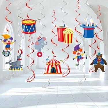 Imagem de 24 peças de decorações de festa de redemoinho para pendurar no carnaval, tema de animais de palhaço, decoração de teto, decorações de circo de dupla face para casa, sala de aula, lembrancinhas de