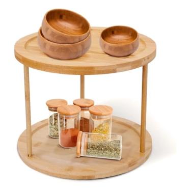 Imagem de Organizador Giratório de Bambu Natural 2 Andares Suporte Para Temperos e Condimentos Multiuso Cozinha 25x25x20cm