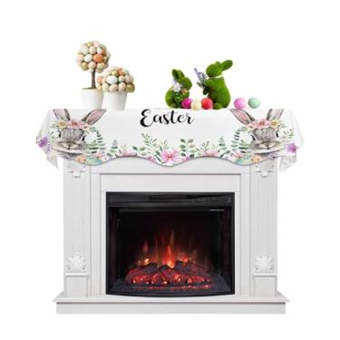 Imagem de Cachecol de cornija Happy Easter 177 x 43 cm, coelho floral colorido ovos folhas verdes lareira cornija cachecol cobertura corredor para dia de Páscoa, férias sazonais, festa em casa, decoração