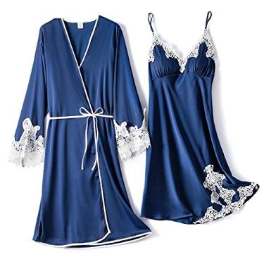 Imagem de Pijama feminino conjuntos de pijama cami top camisola 5 peças pijama cetim robe vestido pijama GG rosa - 1 peça B (azul marinho 2 peças)