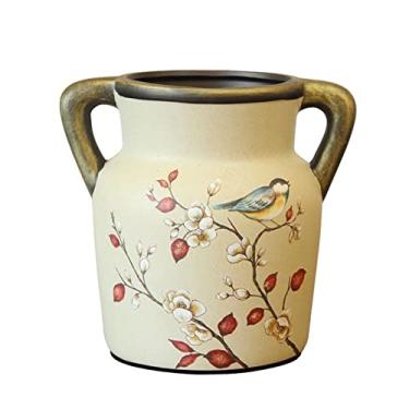Imagem de U5GAAALPPQ9 Vaso de flores vaso de cerâmica retrô chinês com duas orelhas vasos de porcelana 18 cm pequeno decoração de mesa vaso de flores sala de estar quarto mesa de jantar arranjo de flores
