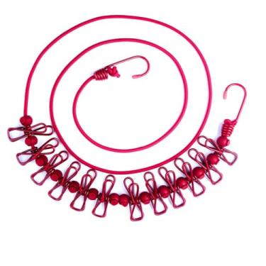 Imagem de Varal de viagem portátil, linha de equipamento de viagem, varal elástico, linha de secagem de lavanderia com 12 grampos de roupa para interior e exterior, varanda, (Vermelho)